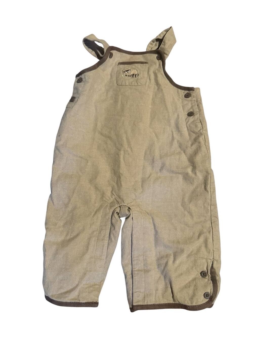 Vintage Janie and Jack Linen Blend Raccoon Overalls Romper Woodland Baby 3-6 Mon